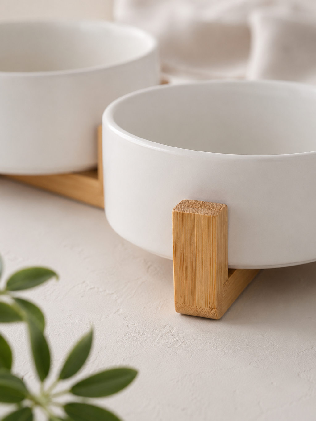 White Ceramic Pet Bowl with Bamboo Stand