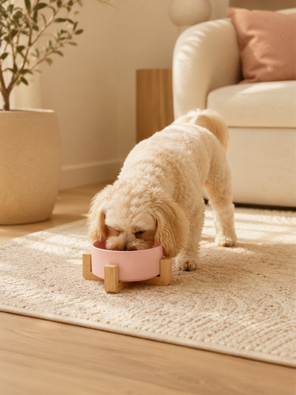 Pink Ceramic Pet Bowl with Bamboo Stand