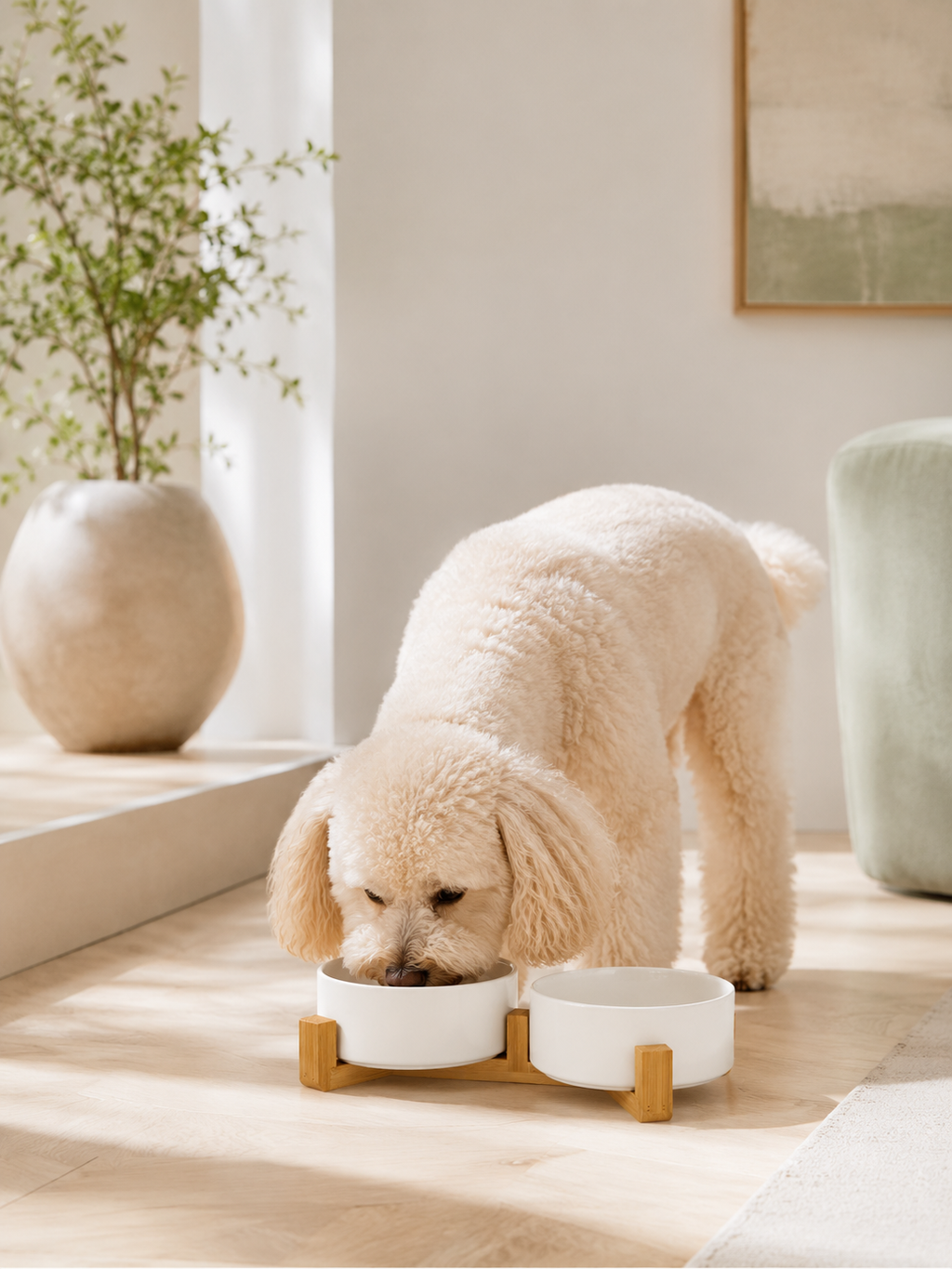 White Ceramic Pet Bowl with Bamboo Stand