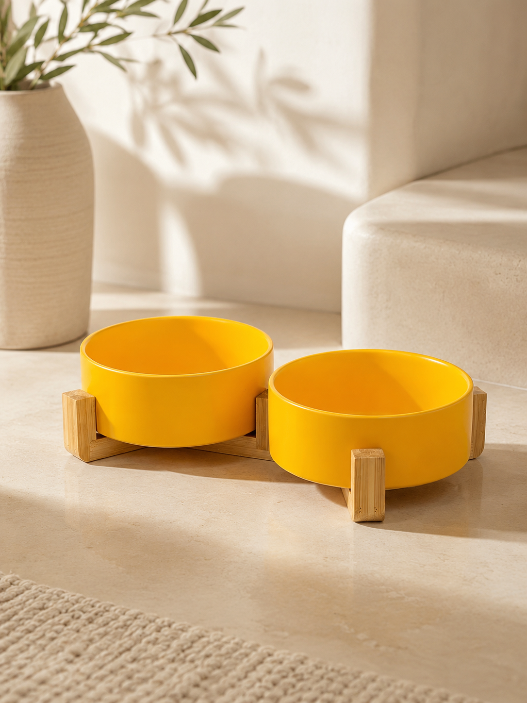Orange Ceramic Pet Bowl with Bamboo Stand