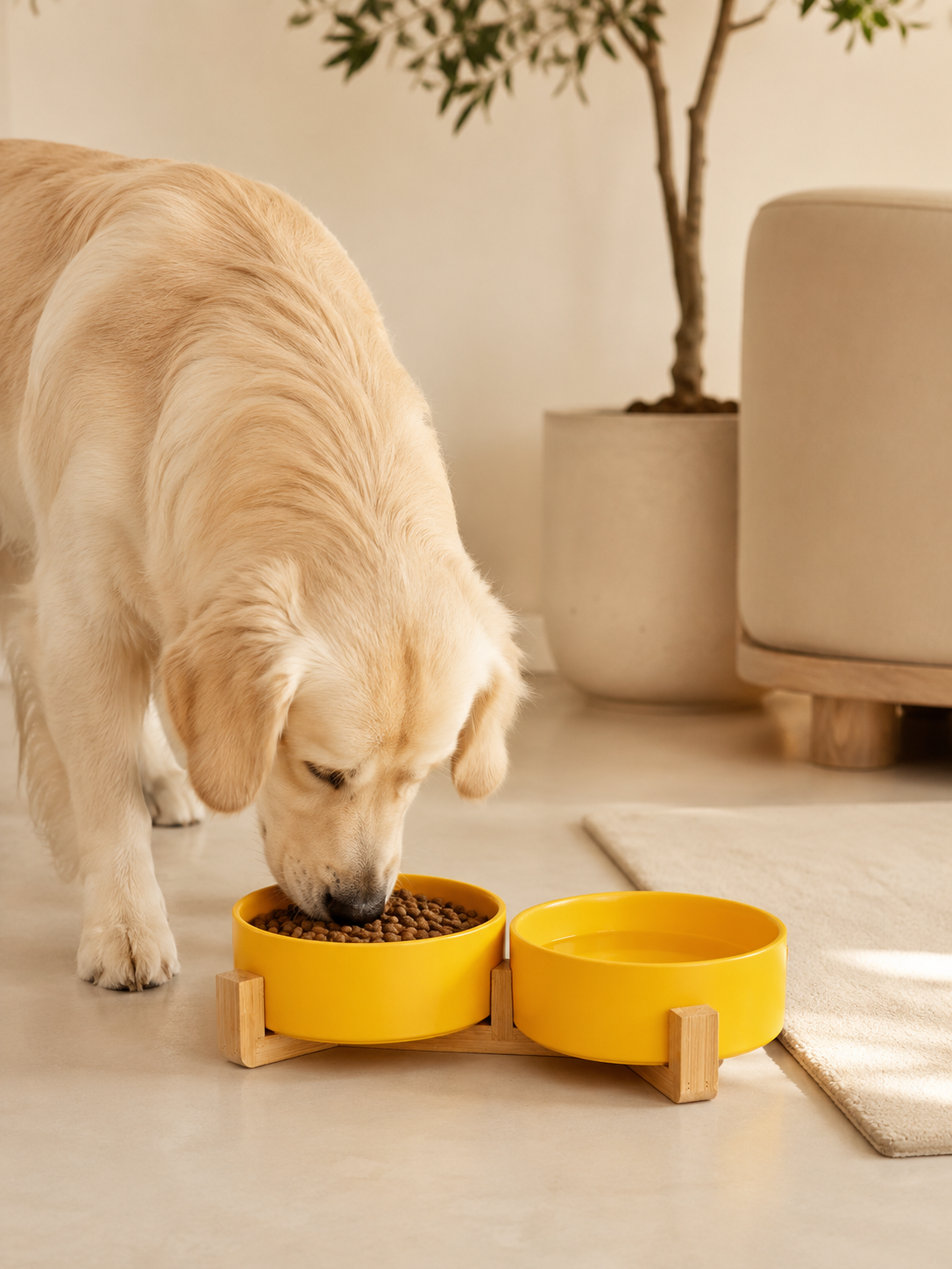 Orange Ceramic Pet Bowl with Bamboo Stand