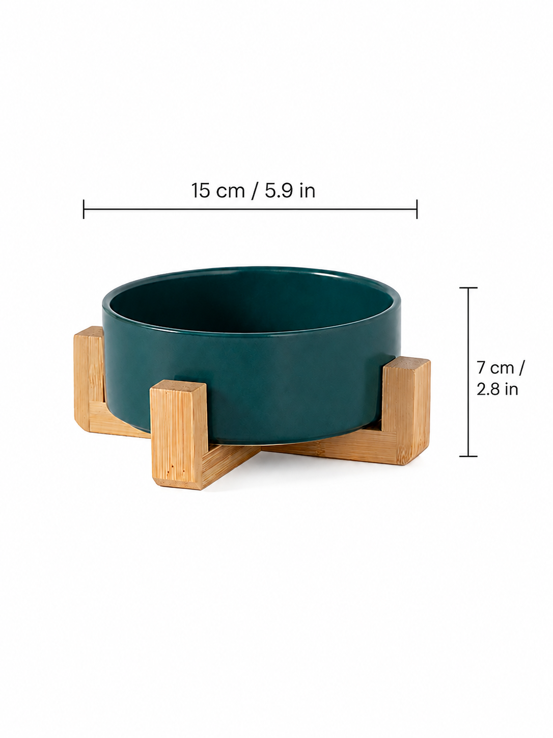 Dark Green Ceramic Pet Bowl with Bamboo Stand
