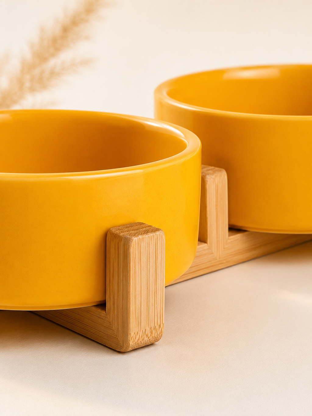 Orange Ceramic Pet Bowl with Bamboo Stand