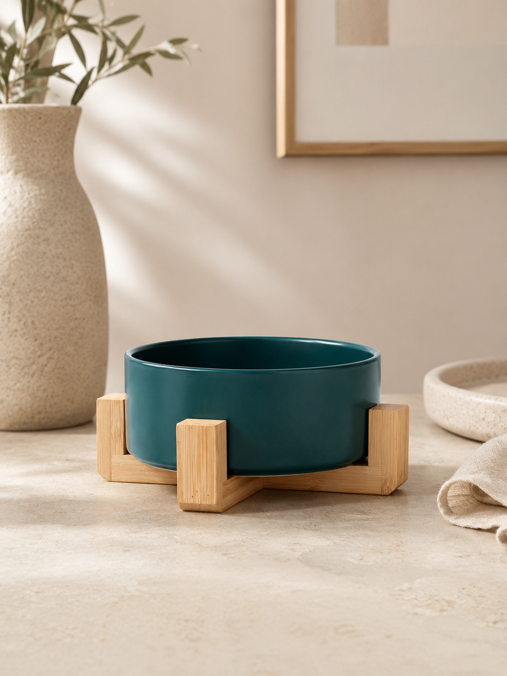 Dark Green Ceramic Pet Bowl with Bamboo Stand