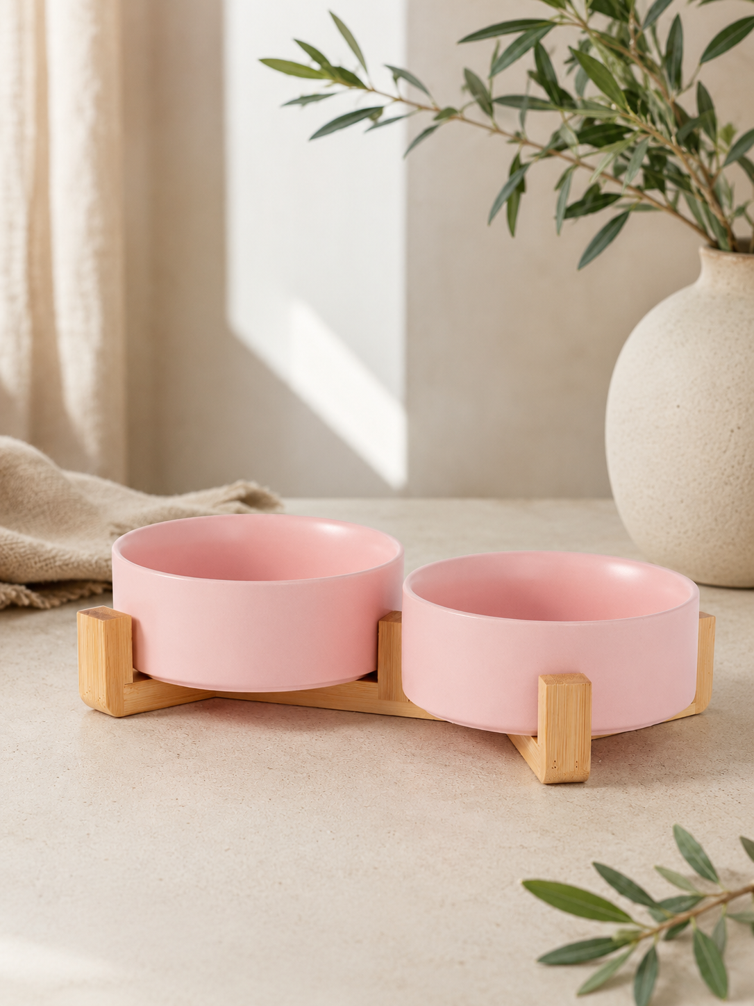 Pink Ceramic Pet Bowl with Bamboo Stand