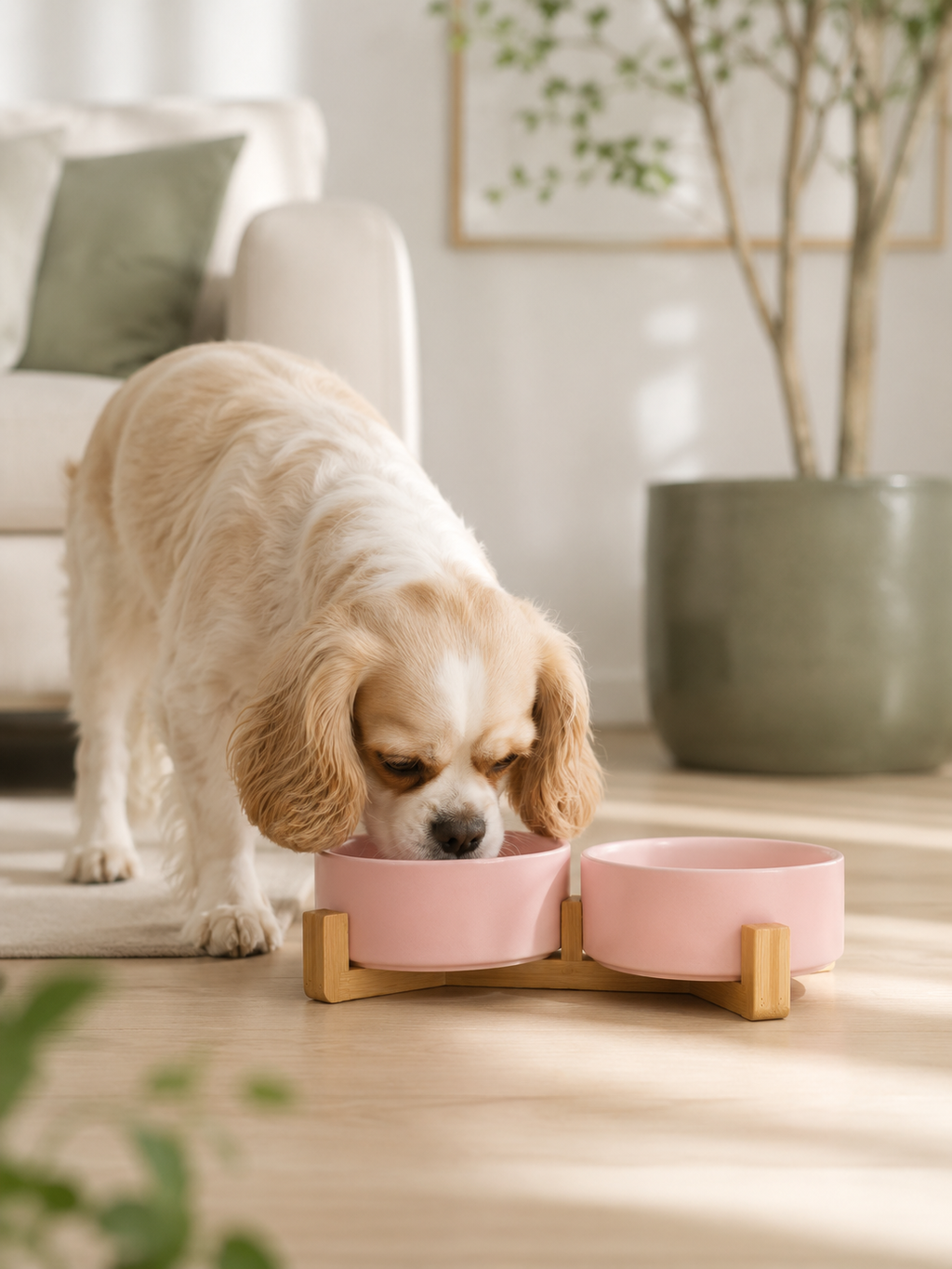 Pink Ceramic Pet Bowl with Bamboo Stand