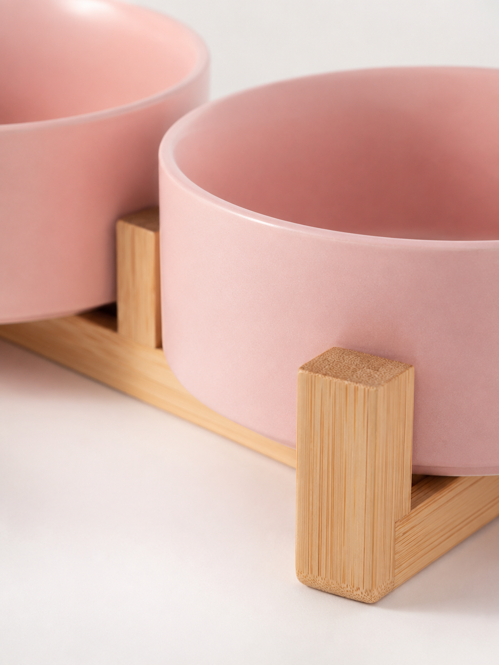 Pink Ceramic Pet Bowl with Bamboo Stand