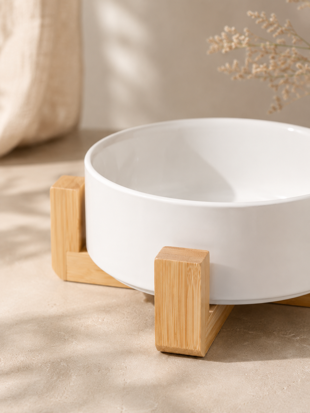 White Ceramic Pet Bowl with Bamboo Stand