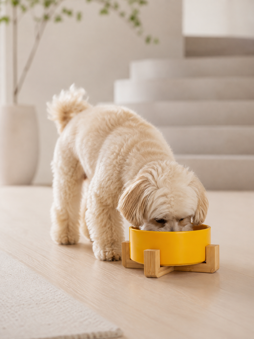 Orange Ceramic Pet Bowl with Bamboo Stand