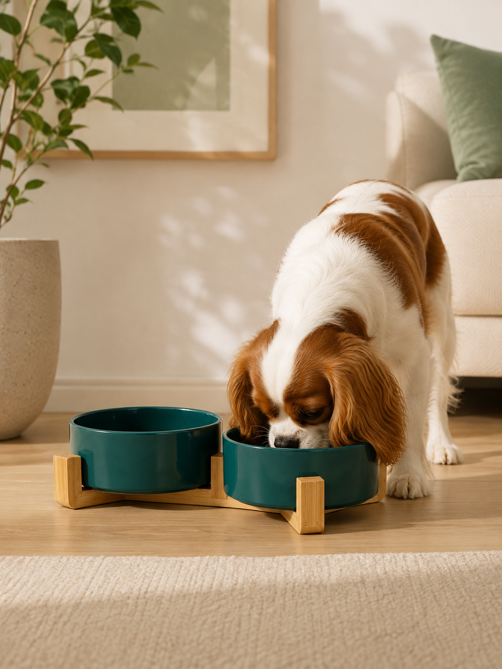 Dark Green Ceramic Pet Bowl with Bamboo Stand