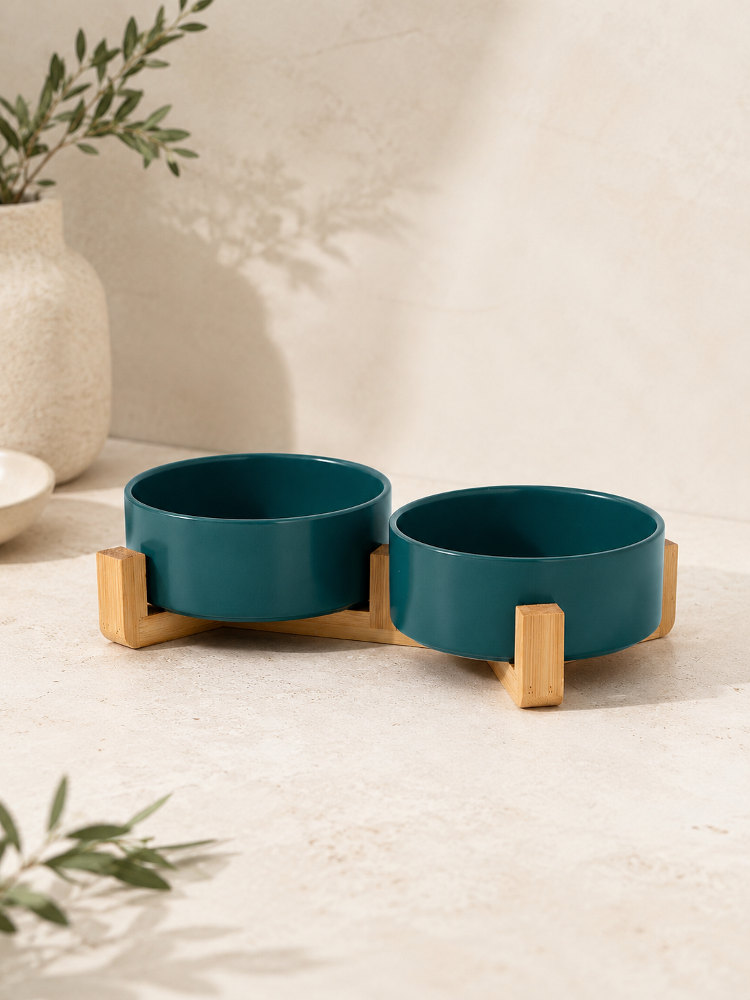 Dark Green Ceramic Pet Bowl with Bamboo Stand