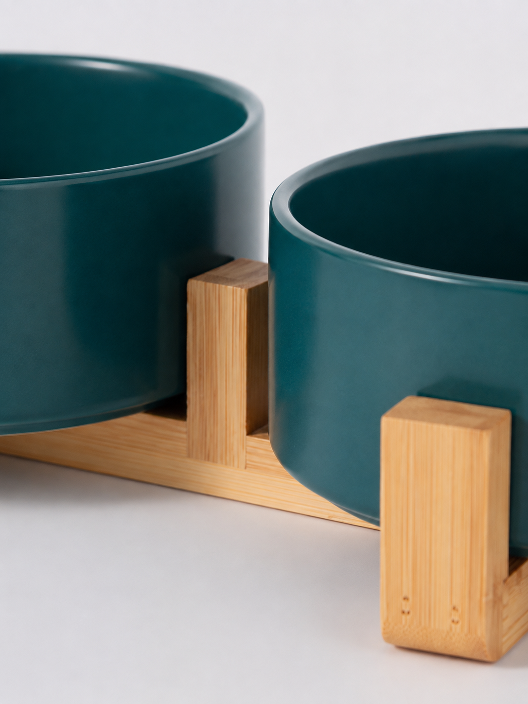 Dark Green Ceramic Pet Bowl with Bamboo Stand