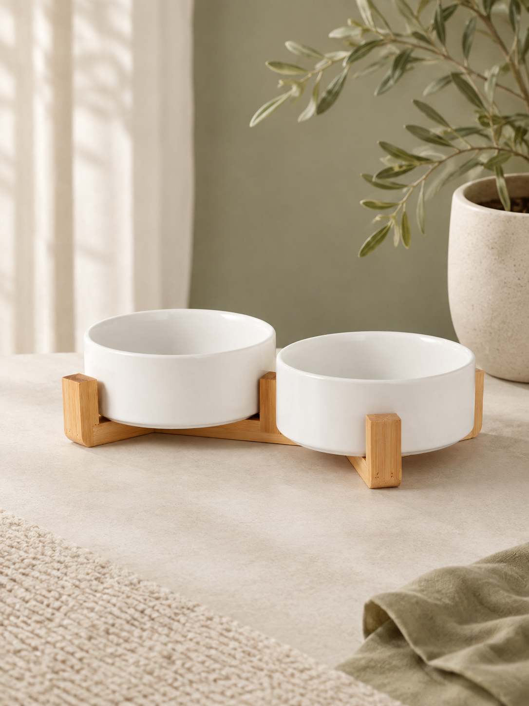 White Ceramic Pet Bowl with Bamboo Stand