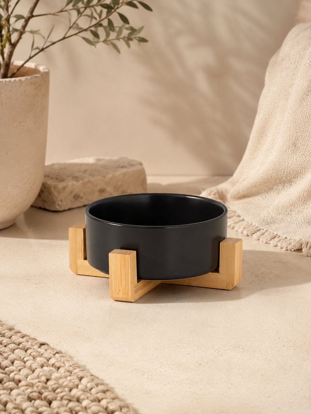 Black Ceramic Pet Bowl with Bamboo Stand