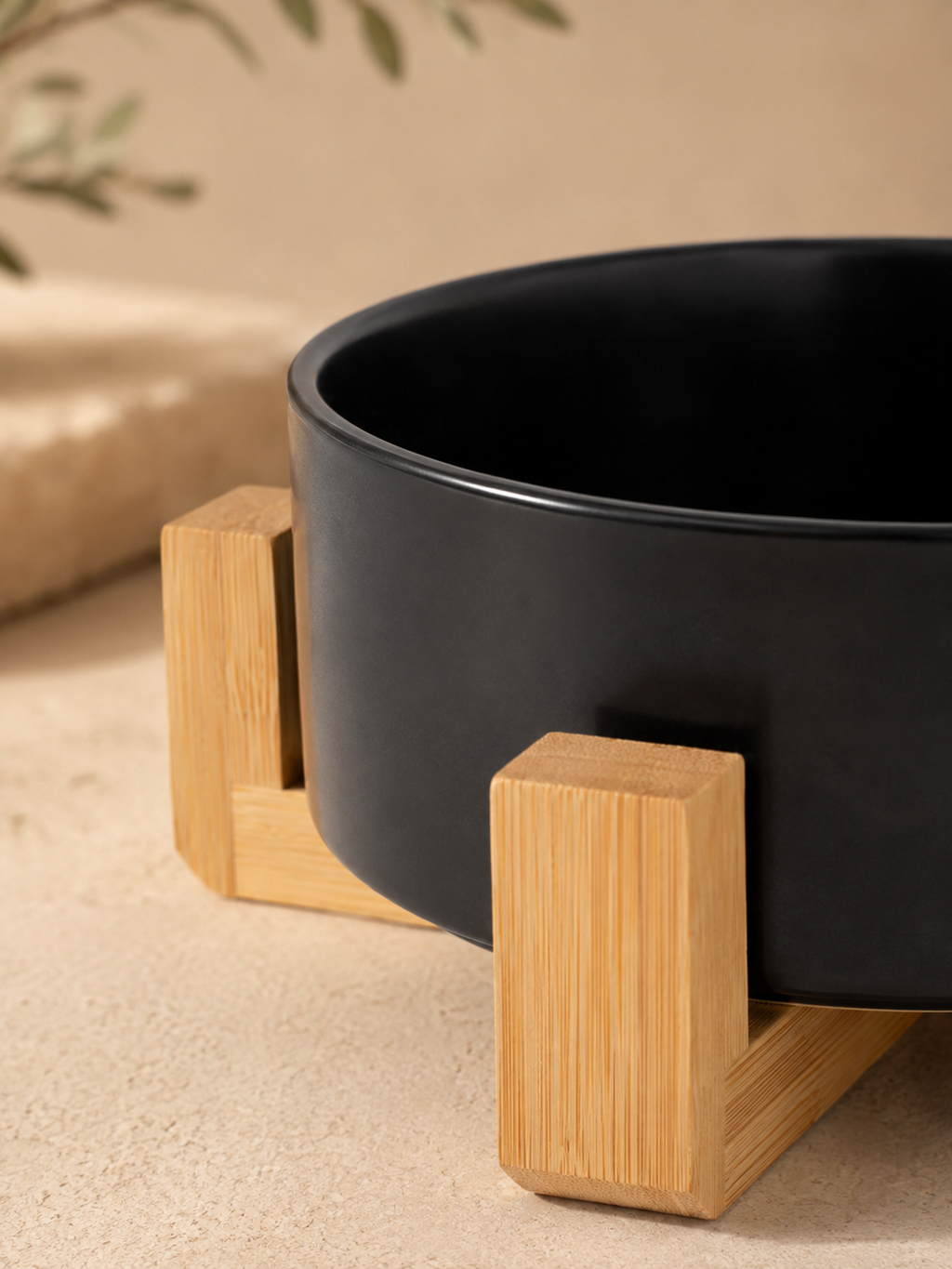Black Ceramic Pet Bowl with Bamboo Stand