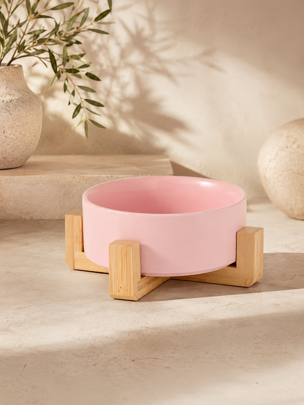 Pink Ceramic Pet Bowl with Bamboo Stand