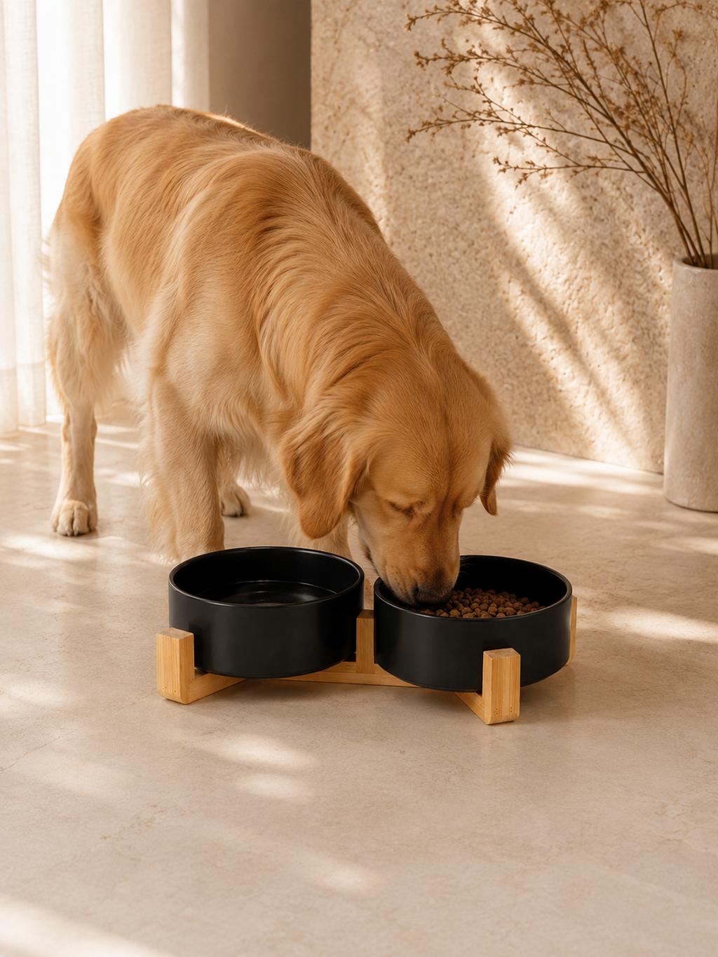 Black Ceramic Pet Bowl with Bamboo Stand