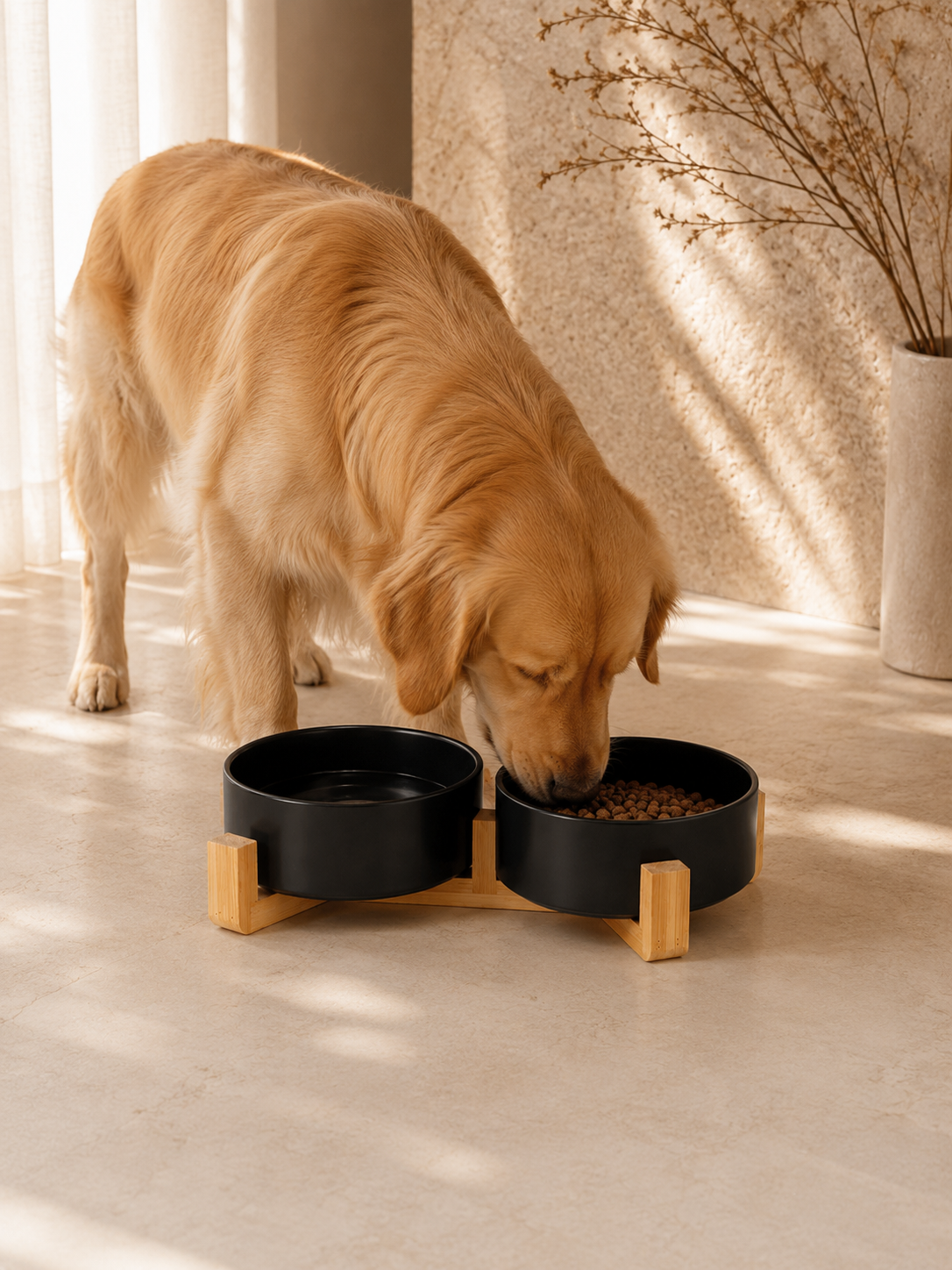 Black Ceramic Pet Bowl with Bamboo Stand
