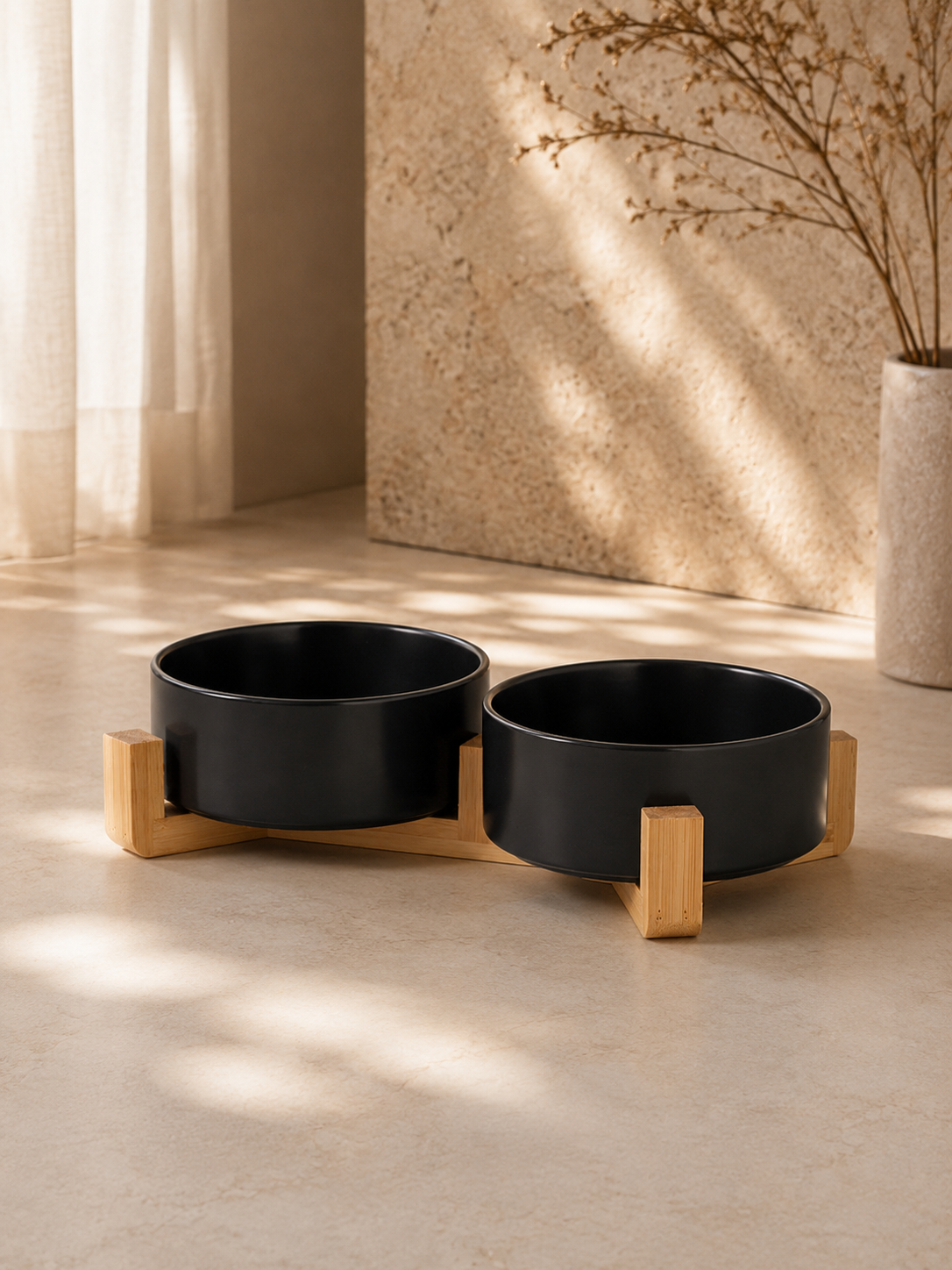 Black Ceramic Pet Bowl with Bamboo Stand