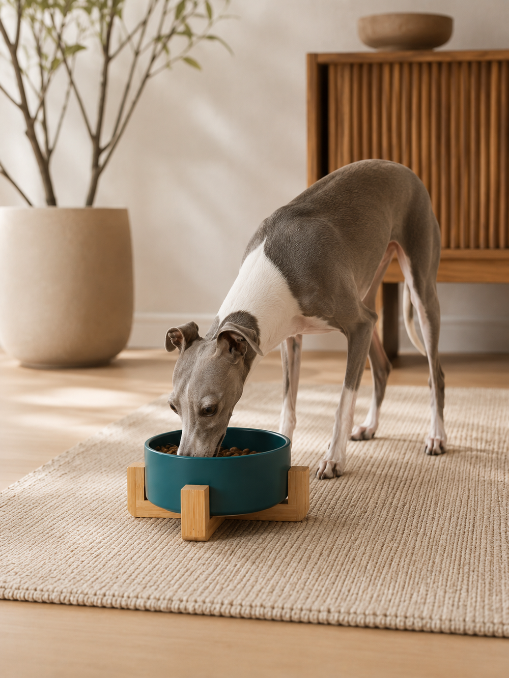 Dark Green Ceramic Pet Bowl with Bamboo Stand