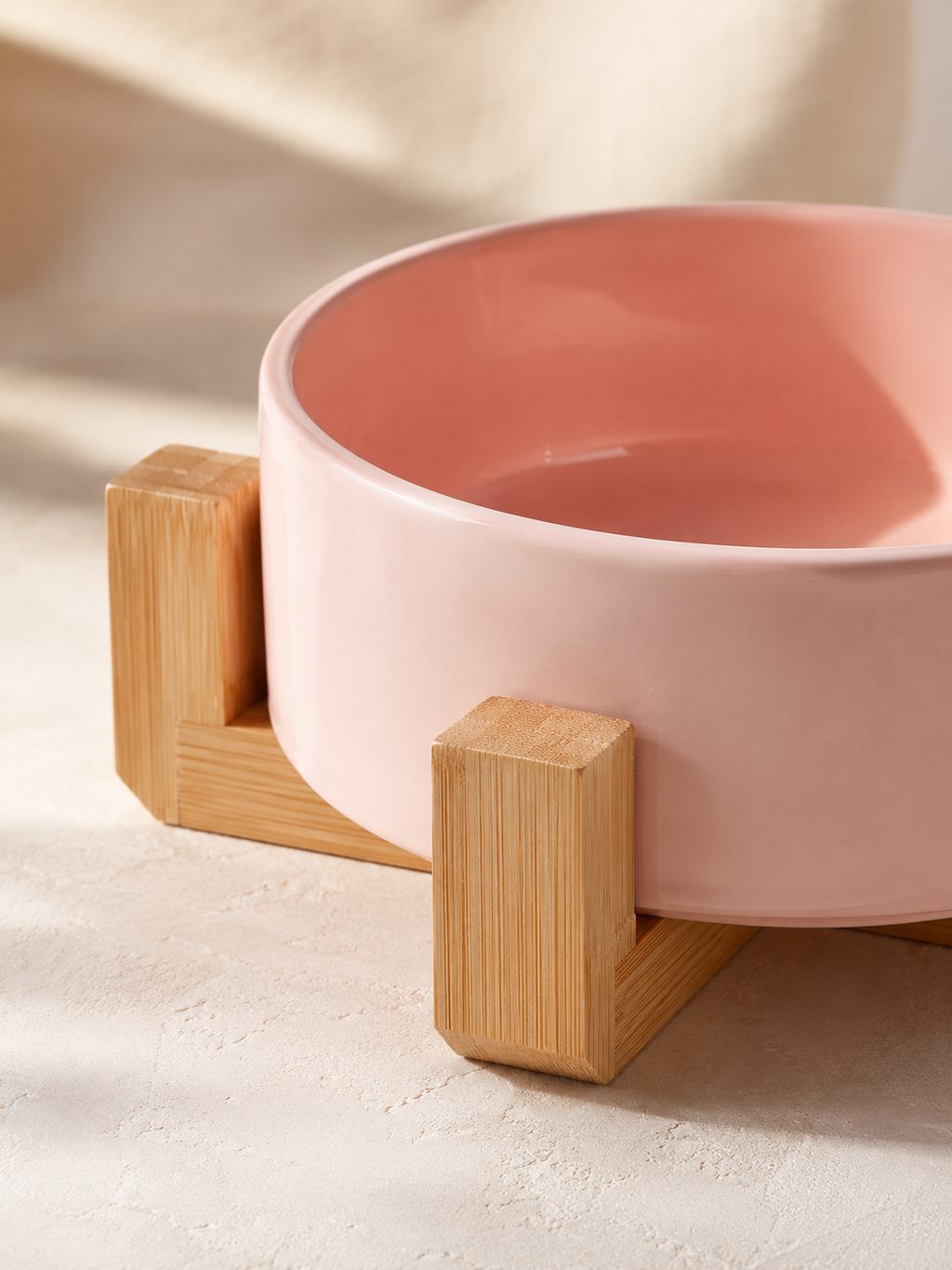 Pink Ceramic Pet Bowl with Bamboo Stand