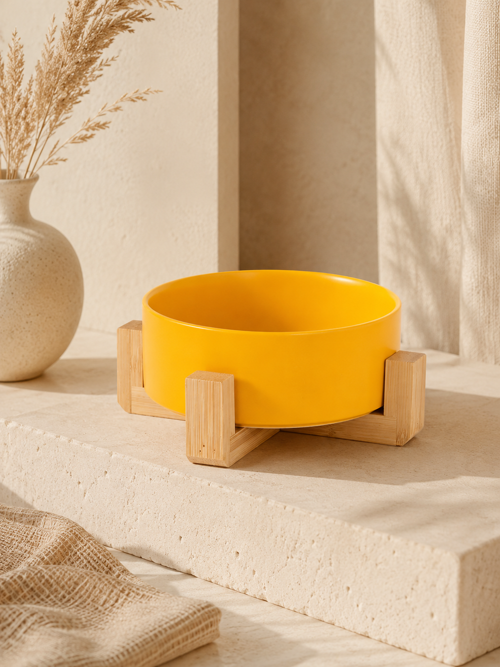 Orange Ceramic Pet Bowl with Bamboo Stand