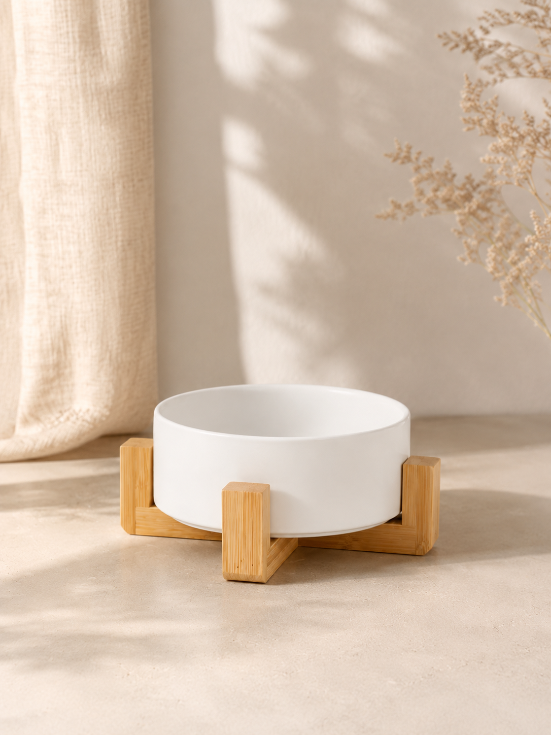 White Ceramic Pet Bowl with Bamboo Stand