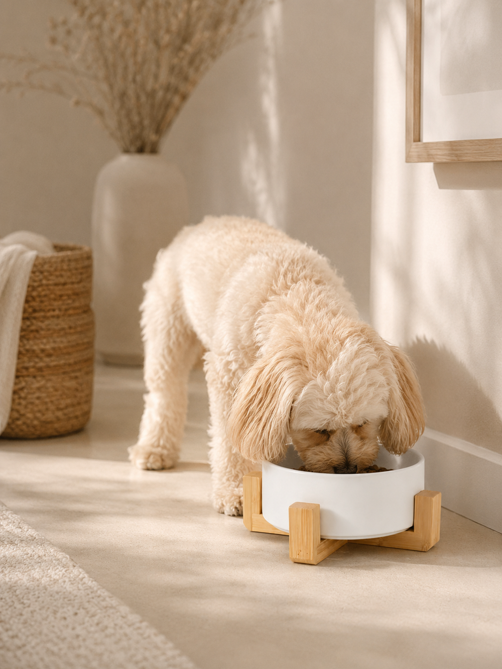 White Ceramic Pet Bowl with Bamboo Stand