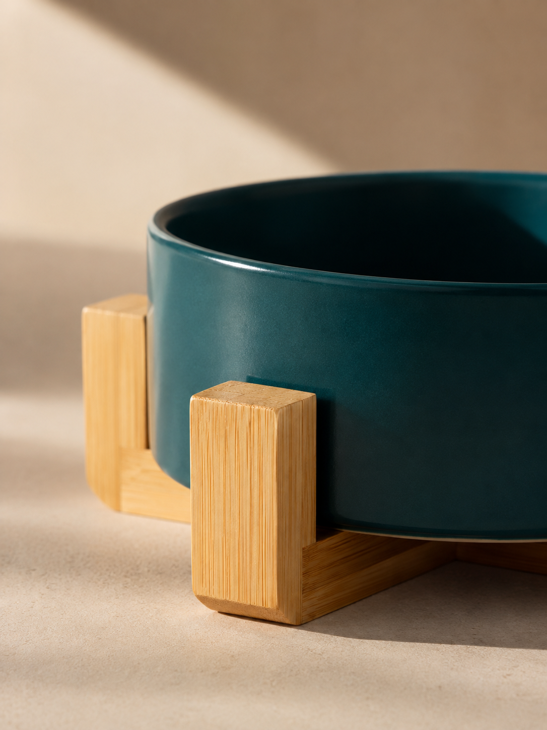 Dark Green Ceramic Pet Bowl with Bamboo Stand