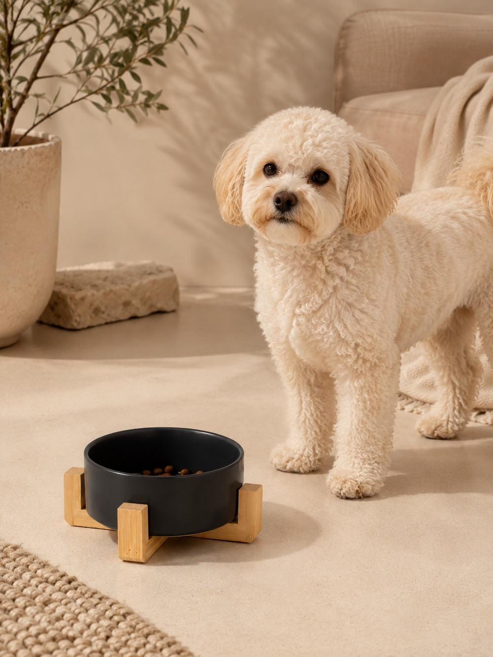 Black Ceramic Pet Bowl with Bamboo Stand