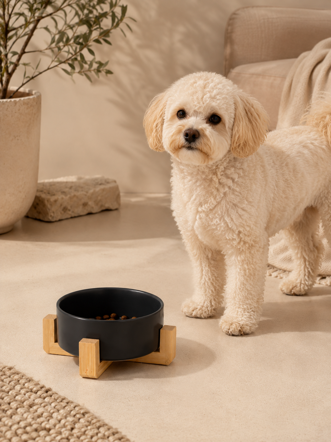 Black Ceramic Pet Bowl with Bamboo Stand
